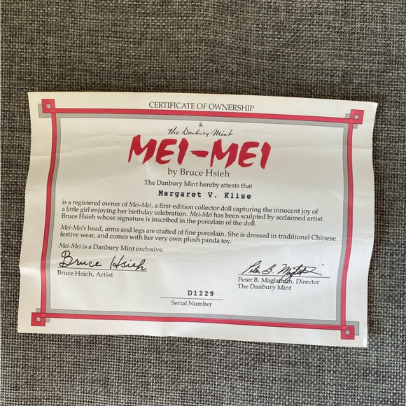 Mei Mei Porcelain Doll with stuffed Panda - Picture 9 of 10